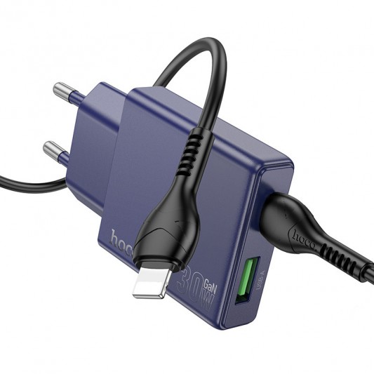 СЗУ Hoco N45 Biscuit PD30W+QC3.0 (1USB-A/1C) + кабель Type-C to Lightning Titanium blue - изображение 4