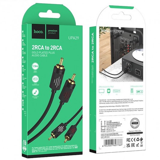 Кабель аудио Hoco UPA29 2 RCA to 2 RCA red and white double lotus (1.5m) Black - изображение 3