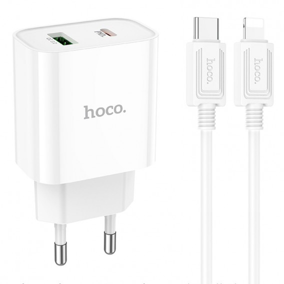 Зарядное устройство HOCO C80A Plus Rapido PD20W+QC3.0 (1Type-C/1USB) + Type-C to Lightning, White