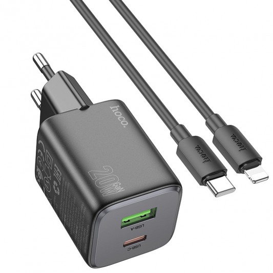 СЗУ Hoco N41 Almighty PD20W+QC3.0 (1USB-A/1C) + кабель Type-C to Lightning Black - изображение 3