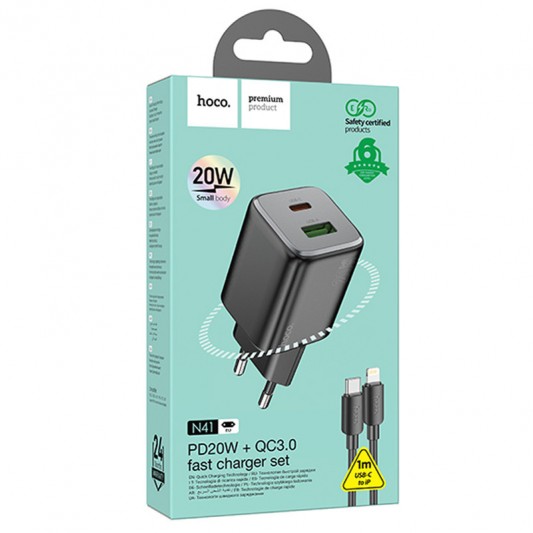 СЗУ Hoco N41 Almighty PD20W+QC3.0 (1USB-A/1C) + кабель Type-C to Lightning Black - изображение 4