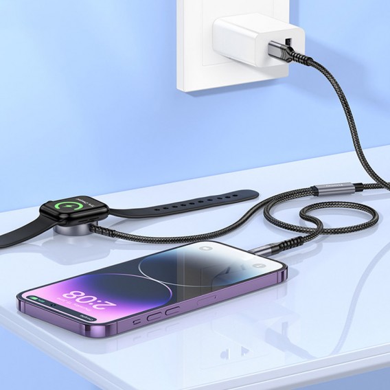 Бездротова зарядка Hoco CW54 2in1 для Apple Watch + Type-C / Lightning, Black