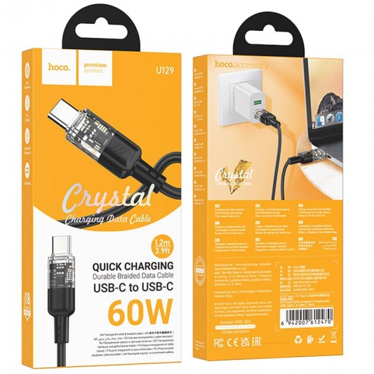 Дата кабель Hoco U129 Spirit Transparent Type-C to Type-C 60W (1.2m) Black - изображение 4