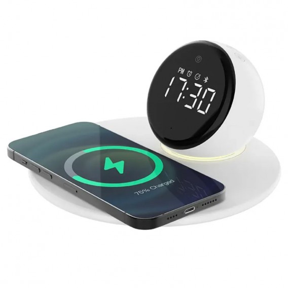 Бездротова зарядка WIWU Wi-W017 15W Wireless Charger+Digital Alarm+Bluetooth Speaker, White