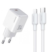 Блок питания Usams US-CC186 PD30W (1USB-C) + кабель Type-C to Lightning White