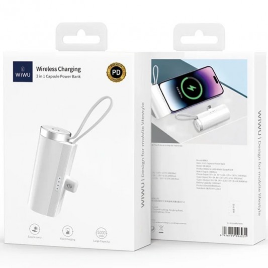 Портативний ЗП Power Bank WIWU W026 2 in 1 Type-C з БЗП For Apple Watch 15W 5000 mAh White - зображення 6 