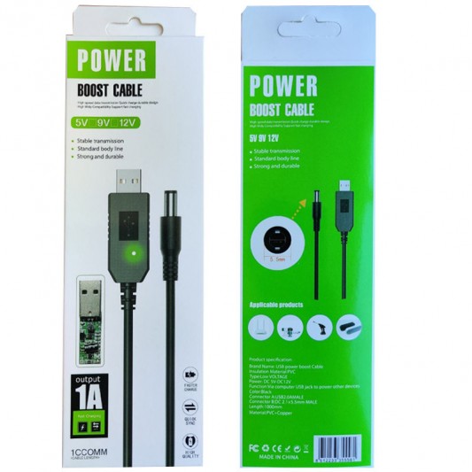 Кабель питания для роутера/модема USB-DC (2.1x5.5mm) с преобразователем до 12V in box (1m) Black - изображение 1