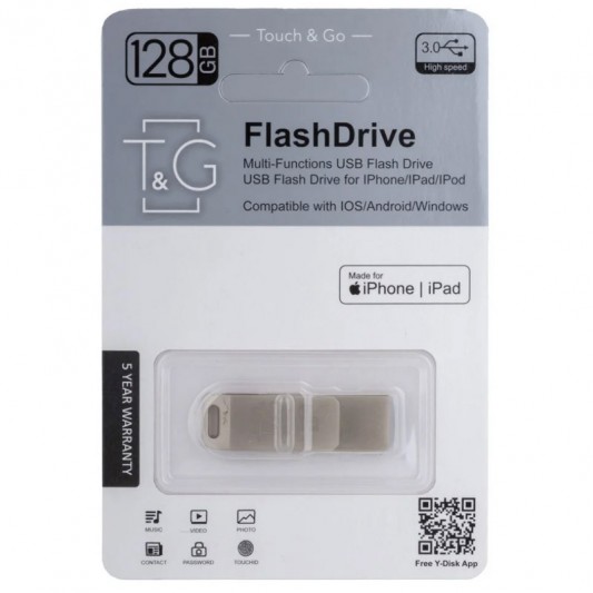 Флеш-драйв T&G 008 Metal series USB 3.0 - Lightning 128GB Срібний
