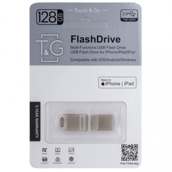 Флеш-драйв T&G 008 Metal series USB 3.0 - Lightning 128GB Срібний
