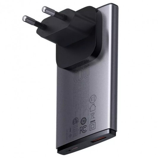 СЗУ Baseus GaN5 Pro Ultra-Slim QC 3.0+PD 65W (1USB-A/1C) + кабель Type-C to Type-C (CCGP15011) Gray - изображение 1