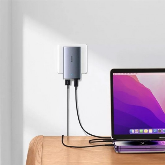 СЗУ Baseus GaN5 Pro Ultra-Slim QC 3.0+PD 65W (1USB-A/1C) + кабель Type-C to Type-C (CCGP15011) Gray - изображение 3