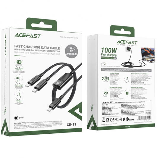 Дата кабель Acefast C5-11 USB-C to 2xUSB-C 100W (1.2m) Black - изображение 1