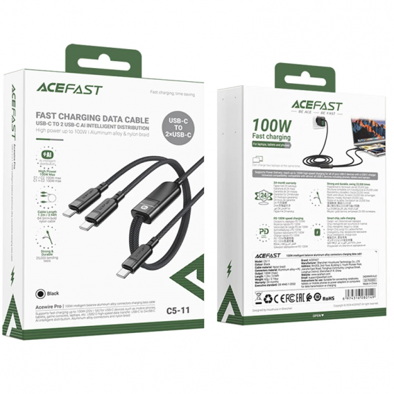 Дата кабель Acefast C5-11 USB-C 2xUSB-C 100W (1.2m), Black