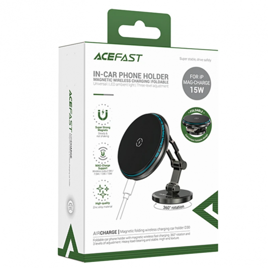 Автодержатель с БЗУ Acefast D30 Magnetic Wireless Charging, Black - изображение 1