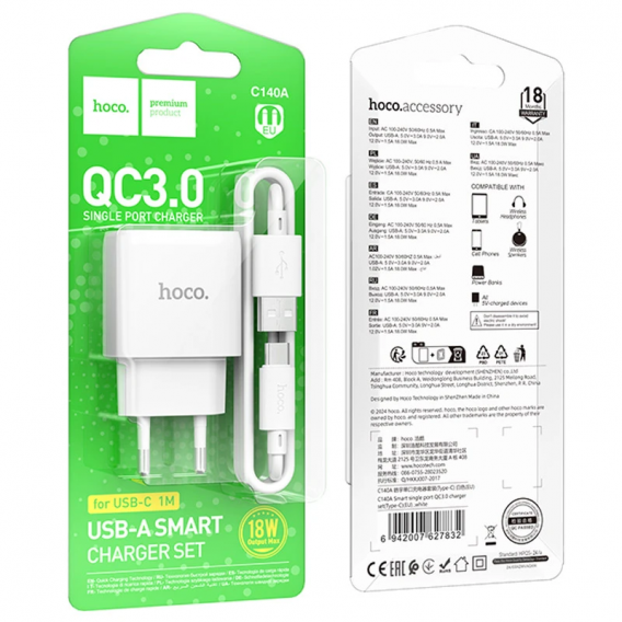 Блок живленя Hoco C140A Smart QC3.0 (1USB/3A) + Type-C, White
