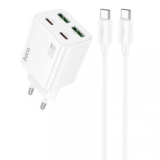 СЗУ Hoco N56 Fundador PD30W four-port (2USB-A/2C) + кабель Type-C to Type-C White