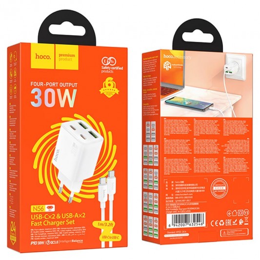 МЗП Hoco N56 Fundador PD30W four-port (2USB-A/2C) + кабель Type-C to Type-C White - зображення 3 