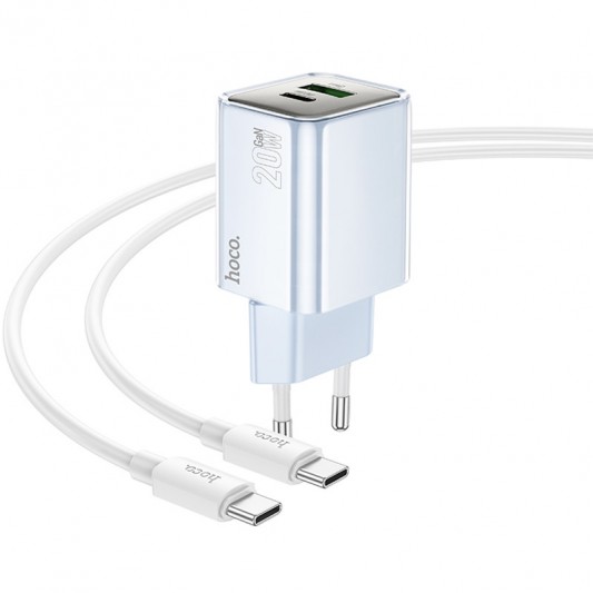 СЗУ Hoco N46 Glorious PD20W+QC3.0 (1USB-A/1C) + кабель Type-C to Type-C Blue - изображение 2