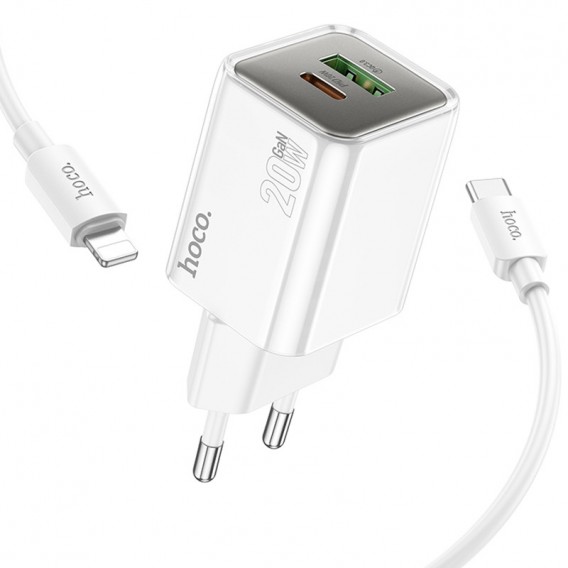 Зарядное устройство Hoco N46 Glorious PD20W+QC3.0 (1USB-A/1C) + Type-C to Lightning, White