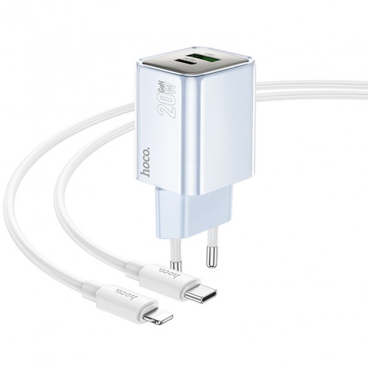 СЗУ Hoco N46 Glorious PD20W+QC3.0 (1USB-A/1C) + кабель Type-C to Lightning Blue - изображение 1