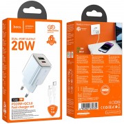 Зарядное устройство Hoco N46 Glorious PD20W+QC3.0 (1USB-A/1C) + Type-C to Lightning, Blue