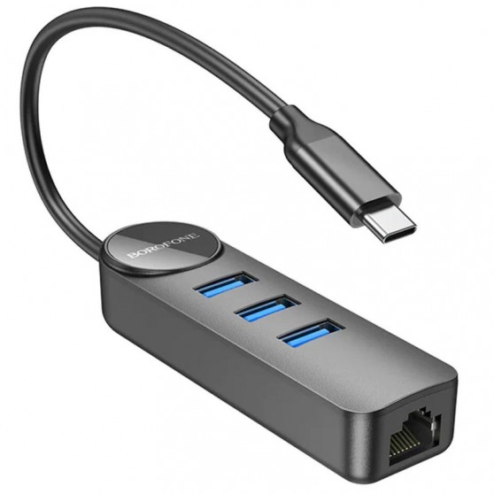 Перехідник Borofone DH6 Erudite 4in1 Gigabit Ethernet (Type-C to USB3.0*3+RJ45) (0.2m) Black