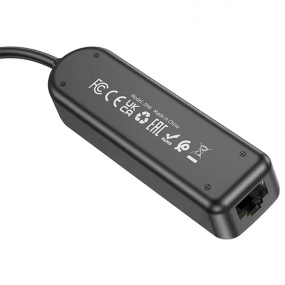 Переходник Borofone DH6 Erudite 4in1 Gigabit Ethernet (Type-C to USB3.0*3+RJ45) (0.2m), Black