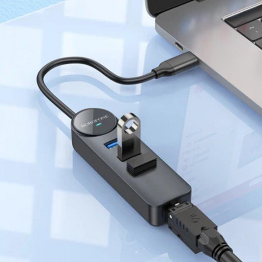 Перехідник Borofone DH6 Erudite 4in1 Gigabit Ethernet (Type-C to USB3.0*3+RJ45) (0.2m) Black - зображення 3 