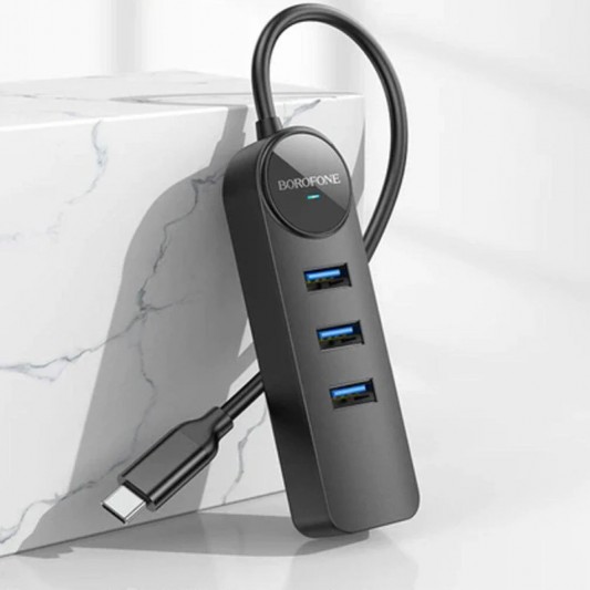 Перехідник Borofone DH6 Erudite 4in1 Gigabit Ethernet (Type-C to USB3.0*3+RJ45) (0.2m) Black - зображення 4 