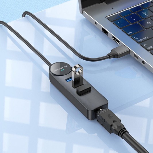 Перехідник Borofone DH6 Erudite 4in1 Gigabit Ethernet (USB to USB3.0*3+RJ45) (0.2m) Black - зображення 5 