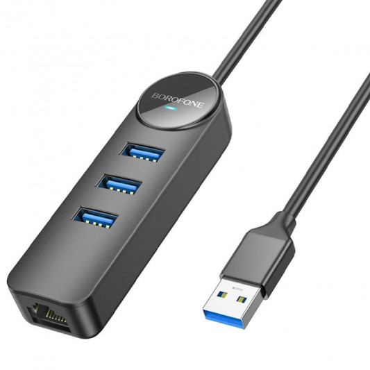 Перехідник Borofone DH6 Erudite 4in1 100 Мбіт Ethernet (USB to USB2.0*3+RJ45) (1.2m), Black - зображення 1 