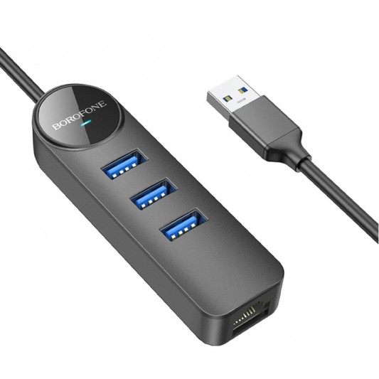 Перехідник Borofone DH6 Erudite 4in1 100 Мбіт Ethernet (USB to USB2.0*3+RJ45) (1.2m), Black - зображення 2 