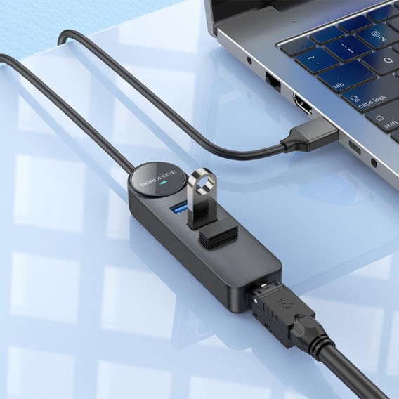 Переходник Borofone DH6 Erudite 4in1 100 Mbps Ethernet (USB to USB2.0*3+RJ45) (1.2m), Black