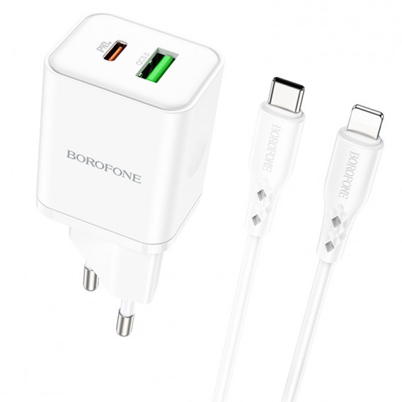 Зарядний пристрій Borofone BN7 PD20W+QC3.0 (1USB-A/1C) + Type-C to Lightning, White