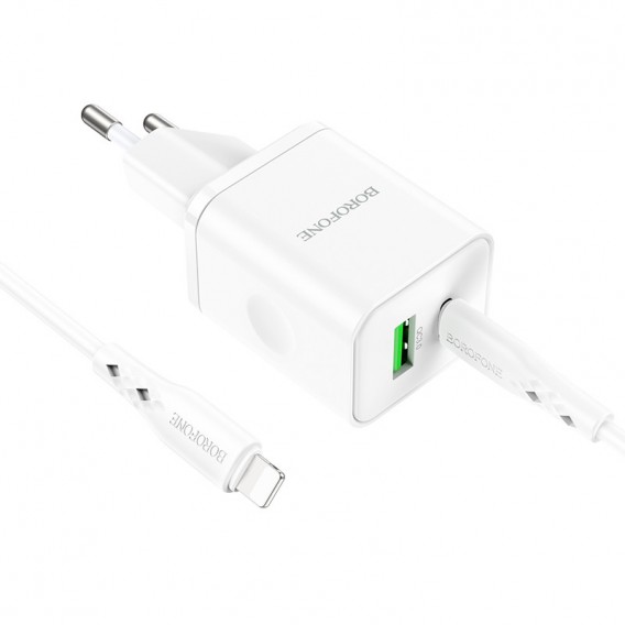 Зарядний пристрій Borofone BN7 PD20W+QC3.0 (1USB-A/1C) + Type-C to Lightning, White