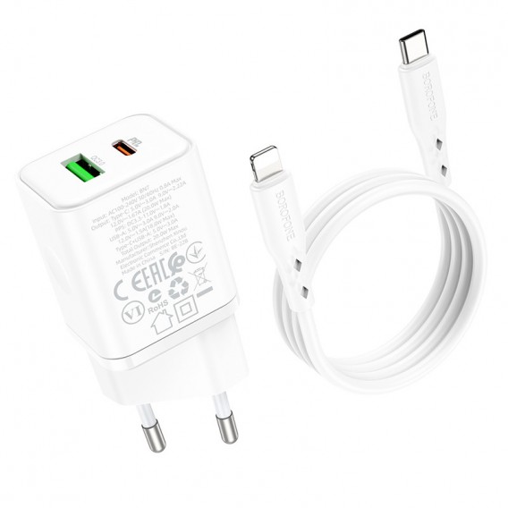 Зарядний пристрій Borofone BN7 PD20W+QC3.0 (1USB-A/1C) + Type-C to Lightning, White