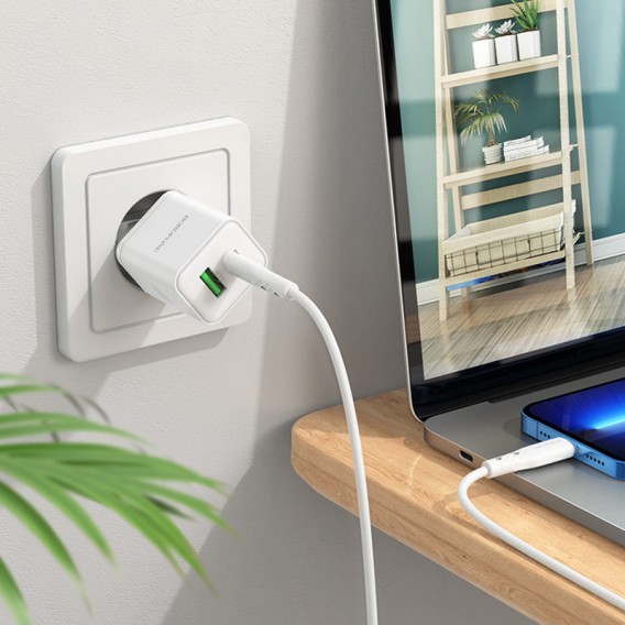 Зарядний пристрій Borofone BN7 PD20W+QC3.0 (1USB-A/1C) + Type-C to Lightning, White