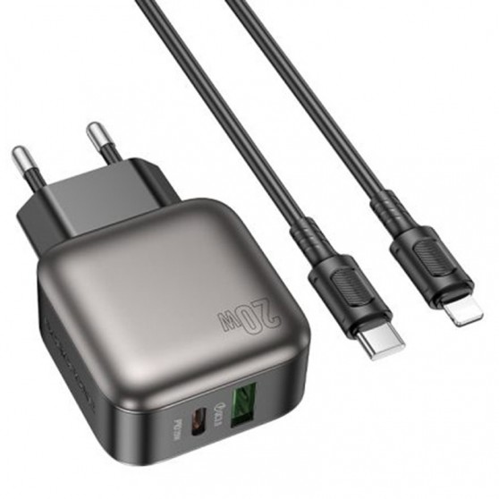 Зарядний пристрій Borofone BAS54A Absolute PD20W+QC3.0 (1USB-A/1C) + Type-C to Lightning, Black