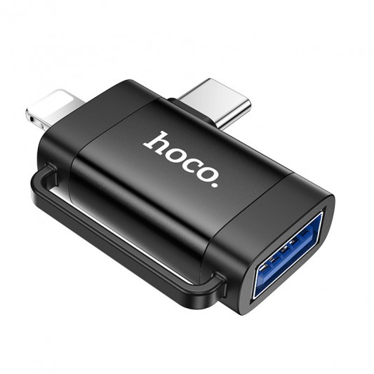 Переходник Hoco UA31F OTG 2in1 Lightning male/Type-C male to USB female, Black - изображение 1