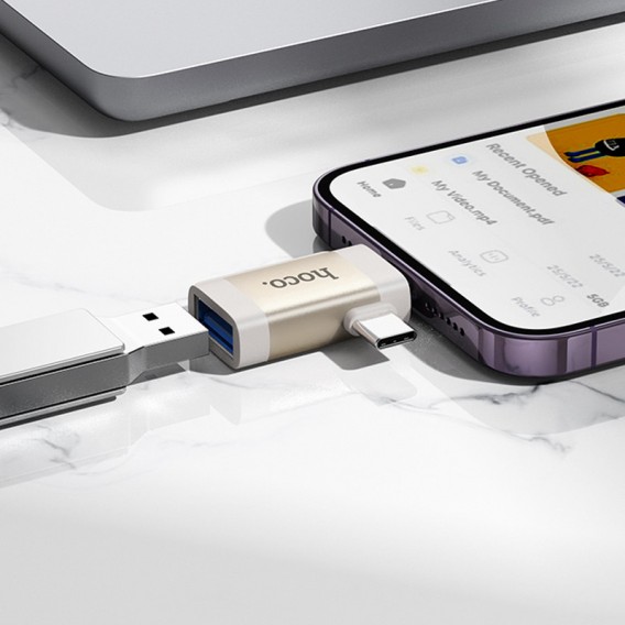Переходник Hoco UA31F OTG 2in1 Lightning male/Type-C male to USB female, Gray