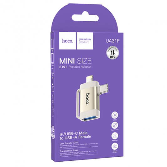 Перехідник Hoco UA31F OTG 2in1 Lightning male/Type-C male to USB female, Gray - зображення 4 