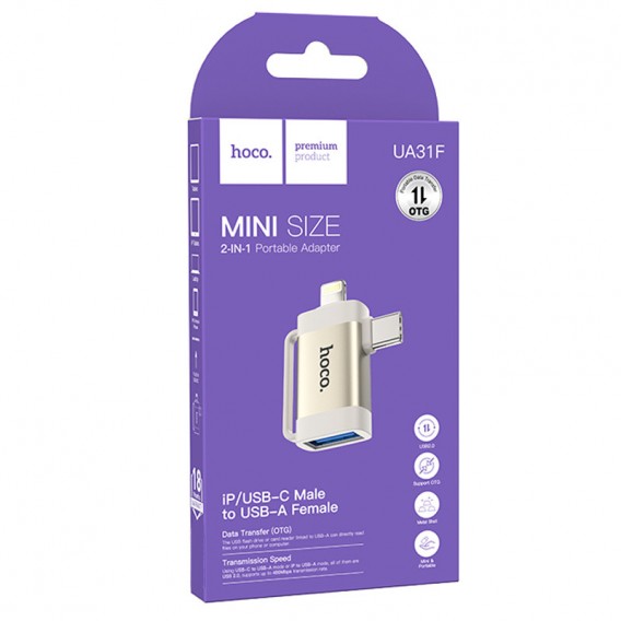 Переходник Hoco UA31F OTG 2in1 Lightning male/Type-C male to USB female, Gray