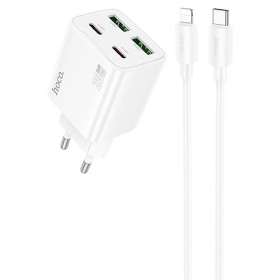 Зарядное устройство Hoco N55 Fundador PD20W four-port (2USB-A/2C) + Type-C to Lightning, White