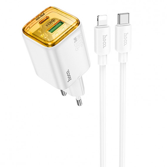 Зарядное устройство Hoco N53 Monsoon PD30W+QC3.0 (1USB-A/1C) + Type-C to Lightning, White