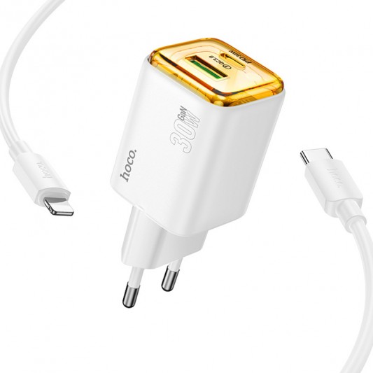 МЗП Hoco N53 Monsoon PD30W+QC3.0 (1USB-A/1C) + кабель Type-C to Lightning White - зображення 1 