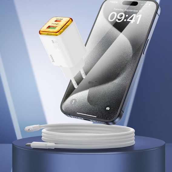 Зарядное устройство Hoco N53 Monsoon PD30W+QC3.0 (1USB-A/1C) + Type-C to Lightning, White