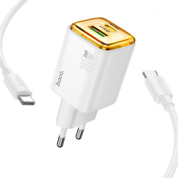Зарядний пристрій Hoco N53 Monsoon PD30W+QC3.0 (1USB-A/1C) + Type-C to Type-C, White