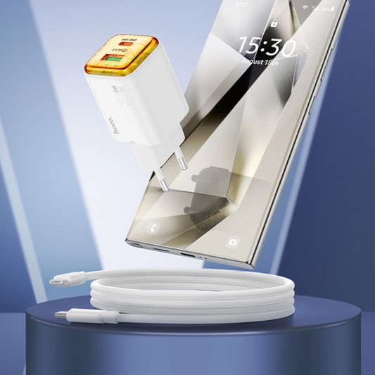 СЗУ Hoco N53 Monsoon PD30W+QC3.0 (1USB-A/1C) + кабель Type-C to Type-C White - изображение 2