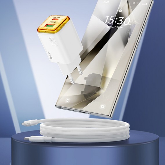 Зарядний пристрій Hoco N53 Monsoon PD30W+QC3.0 (1USB-A/1C) + Type-C to Type-C, White