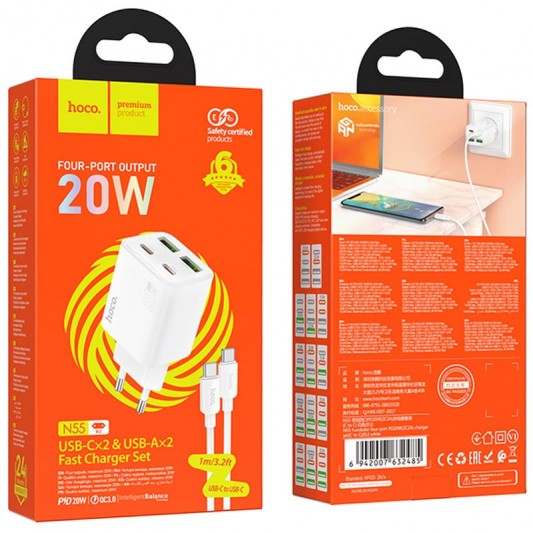 МЗП Hoco N55 Fundador PD20W four-port (2USB-A/2C) + кабель Type-C to Type-C White - зображення 3 